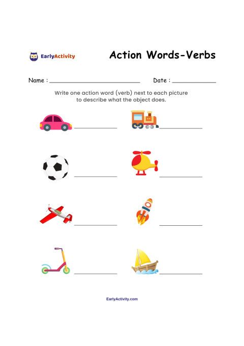 Worksheet with spaces for names and dates, asking children to write action words beside pictures of vehicles, a ball and a helicopter.