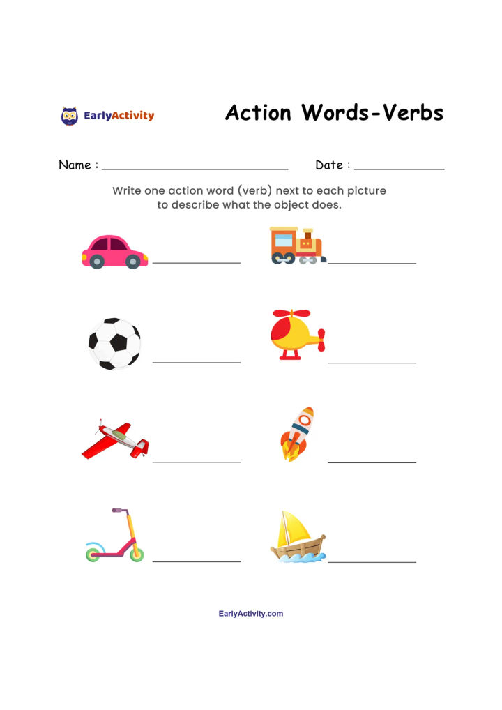 Worksheet with spaces for names and dates, asking children to write action words beside pictures of vehicles, a ball and a helicopter.