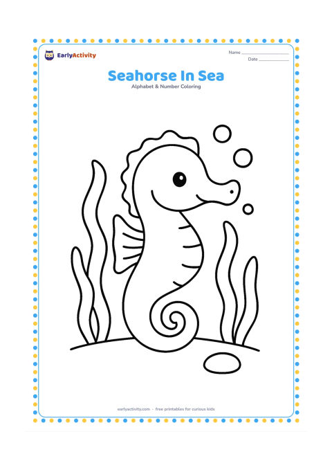 Colouring page: A friendly seahorse floats upright among three large sea plants, a few bubbles and one smooth pebble on the seabed. Give the seahorse a clear curled tail and a gentle expression.