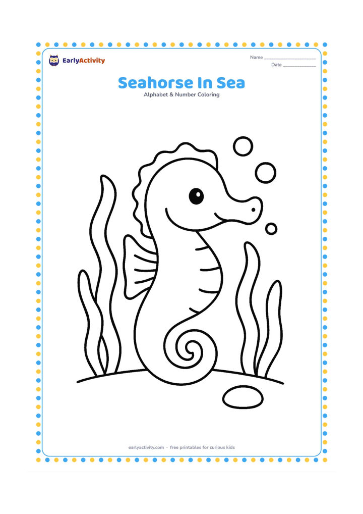 Colouring page: A friendly seahorse floats upright among three large sea plants, a few bubbles and one smooth pebble on the seabed. Give the seahorse a clear curled tail and a gentle expression.