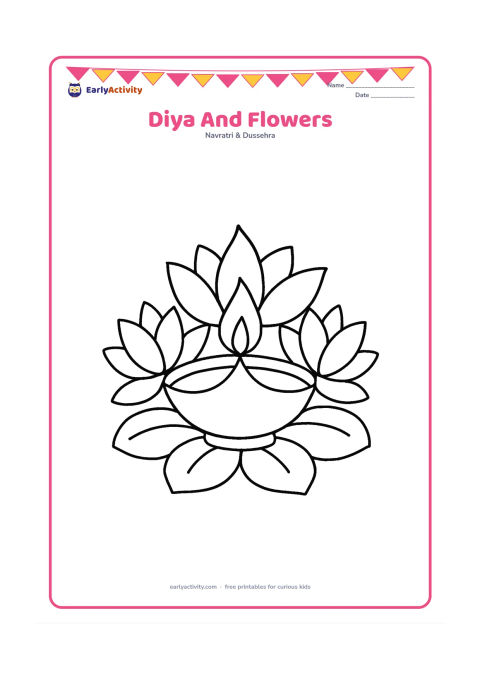 Colouring page: A single diya sits in the centre of a low flower arrangement, with three large lotus blossoms and rounded leaves around it. Keep the composition balanced and uncluttered.