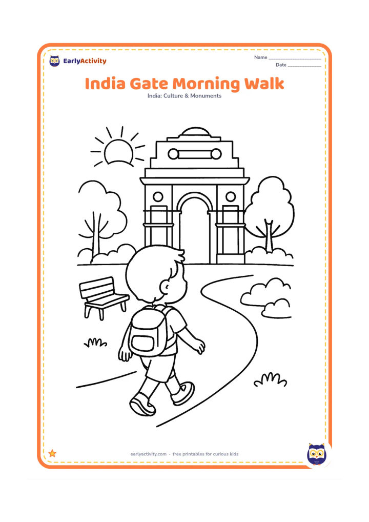 Colouring page: Show a child walking along a park path toward India Gate in the morning, with a bench, trimmed bushes and a rising sun. Include a few trees behind the monument.