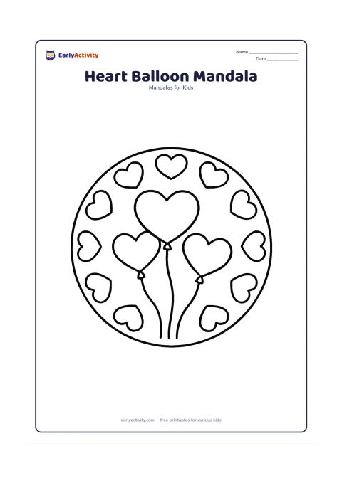 Colouring page: Draw a circular design with three large heart-shaped balloons in the centre and their simple strings forming a gentle radial pattern. Add a wide outer ring of large rounded hearts.