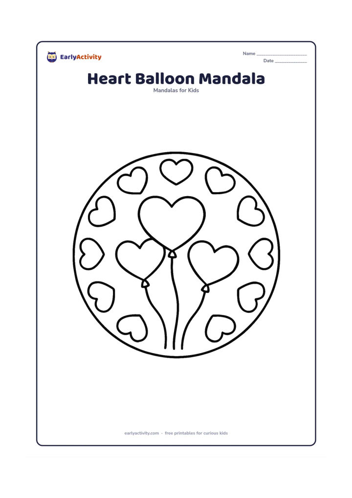 Colouring page: Draw a circular design with three large heart-shaped balloons in the centre and their simple strings forming a gentle radial pattern. Add a wide outer ring of large rounded hearts.