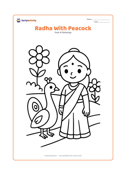 Colouring page: Draw Radha standing beside a friendly peacock with its tail closed. Add two large flowers and a simple garden path behind them.