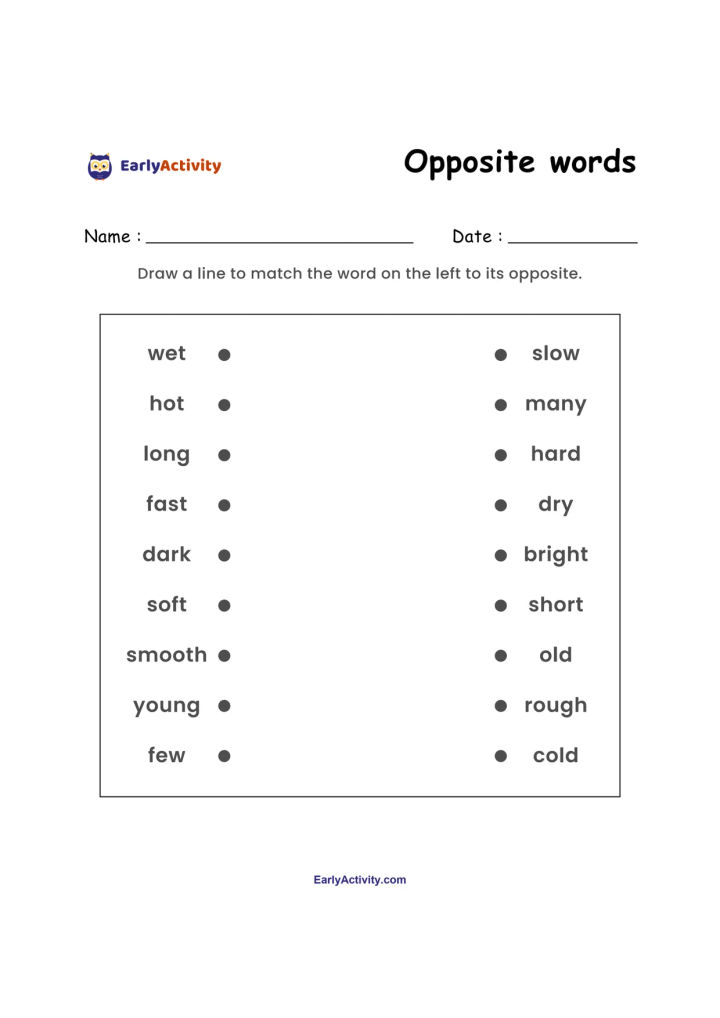 Worksheet with two columns of words. Children draw lines to match words such as wet and dry, hot and cold, and fast and slow.