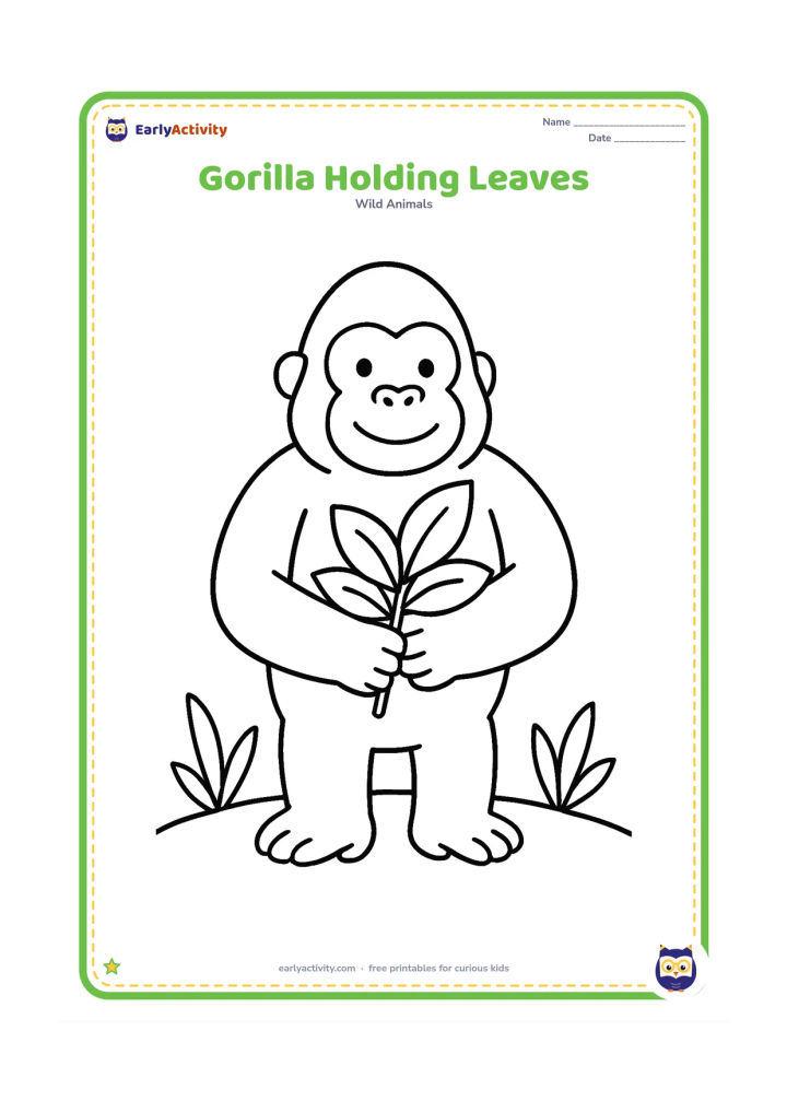 Colouring page: A gorilla stands on two feet holding a small bunch of broad leaves in front of its chest. Include two simple plants and a curved ground line.