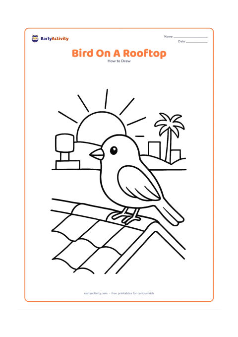 Worksheet: A bird stands on the sloped edge of a tiled rooftop at sunrise, with a water tank silhouette, a few distant buildings and a palm tree behind it. Show a rounded body, folded wing, pointed…