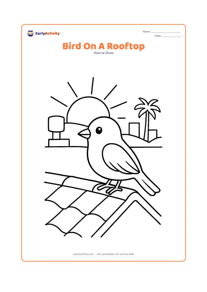Worksheet: A bird stands on the sloped edge of a tiled rooftop at sunrise, with a water tank silhouette, a few distant buildings and a palm tree behind it. Show a rounded body, folded wing, pointed…