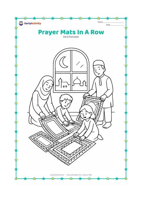 Colouring page: A family prepares several patterned prayer mats in a bright room, with adults and children arranging them toward a window showing a crescent moon and rooftops.