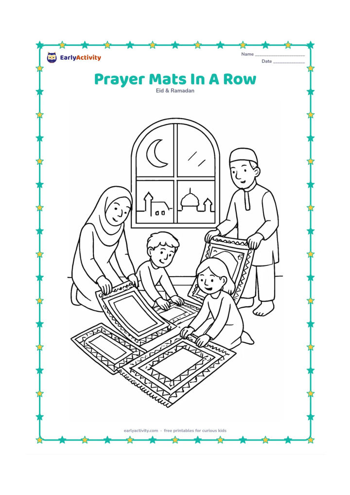 Colouring page: A family prepares several patterned prayer mats in a bright room, with adults and children arranging them toward a window showing a crescent moon and rooftops.