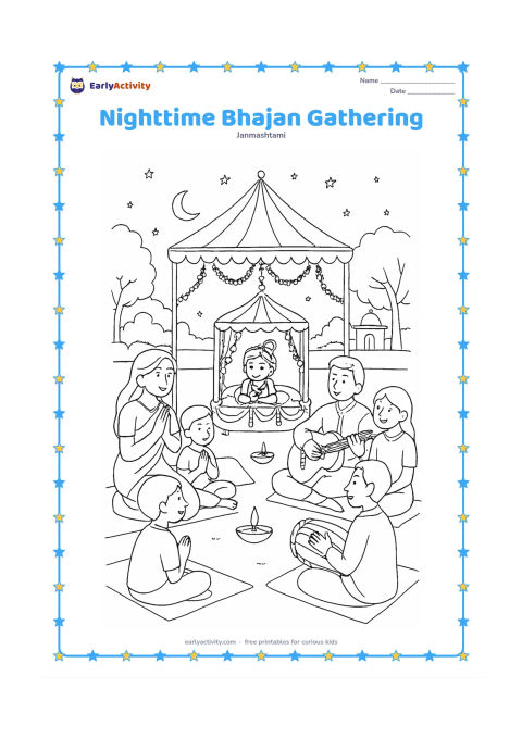 Colouring page: Draw families gathered outdoors at night for a gentle bhajan celebration, with Krishna's decorated cradle under a canopy, singers, a drummer, lamps, stars, trees and a temple courtyard…