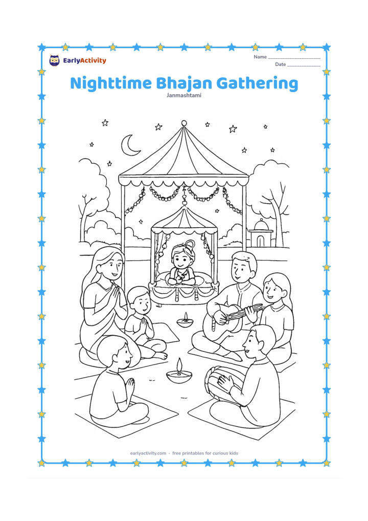 Colouring page: Draw families gathered outdoors at night for a gentle bhajan celebration, with Krishna's decorated cradle under a canopy, singers, a drummer, lamps, stars, trees and a temple courtyard…