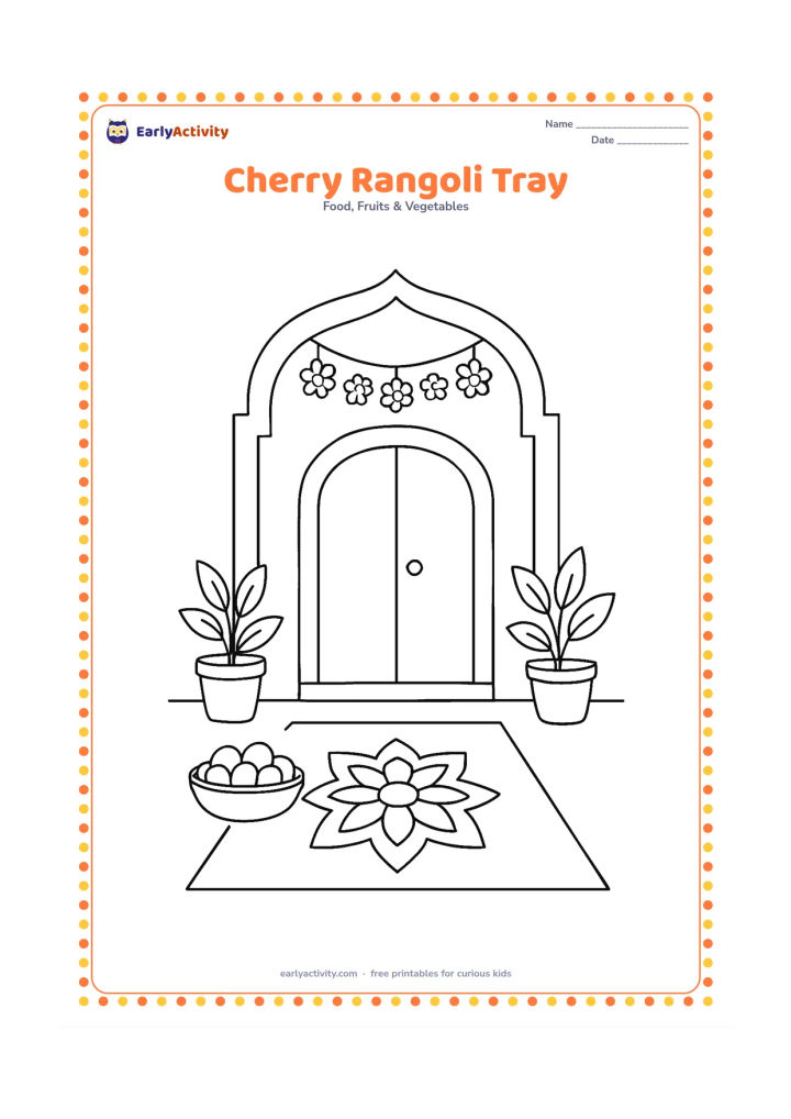 Colouring page: Draw a festive Indian home entrance with a tray of cherries beside a simple flower rangoli, a doorway and two potted plants.