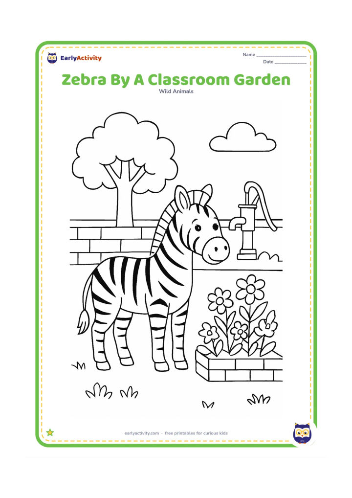 Colouring page: Draw one zebra standing beside a neat garden in an Indian school courtyard, with flower beds, a low boundary wall, a shady tree and a simple hand pump in the background. Do not include…