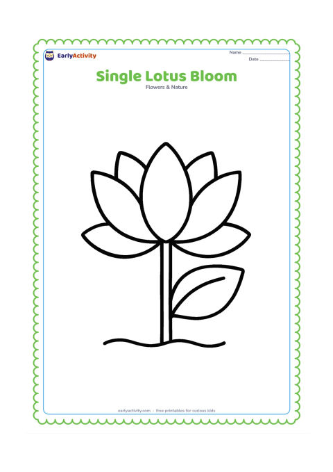Colouring page: Draw one large open lotus flower facing forward, with broad rounded petals and one simple leaf behind it. Place the flower on a short stem above a small curved water line, with plenty of…