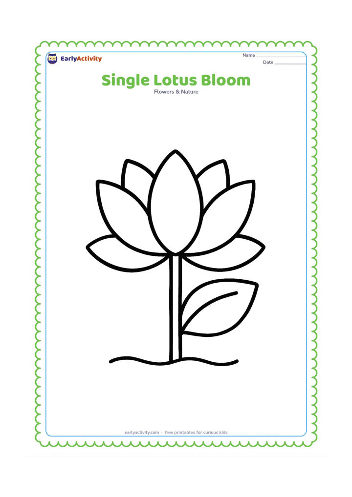 Colouring page: Draw one large open lotus flower facing forward, with broad rounded petals and one simple leaf behind it. Place the flower on a short stem above a small curved water line, with plenty of…