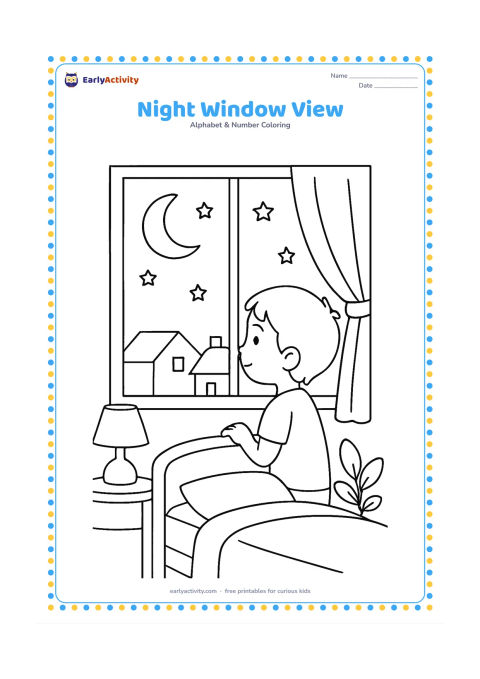 Colouring page: Draw a child looking through a bedroom window at a crescent moon, stars, and a quiet rooftop scene. Include a bed, curtain, small lamp, and potted plant inside the room.