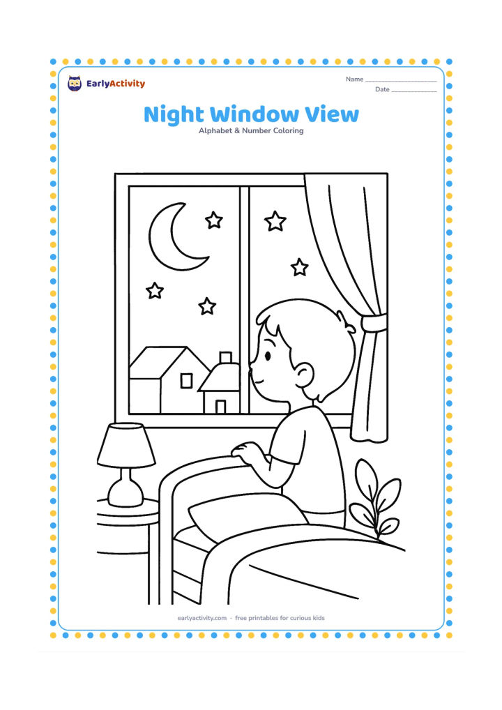 Colouring page: Draw a child looking through a bedroom window at a crescent moon, stars, and a quiet rooftop scene. Include a bed, curtain, small lamp, and potted plant inside the room.