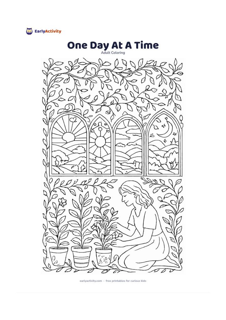 Colouring page: A peaceful wall calendar is replaced by a row of sunrise, daytime, sunset and moonlit nature scenes, shown through four decorative window shapes with no calendar markings. Add a person…