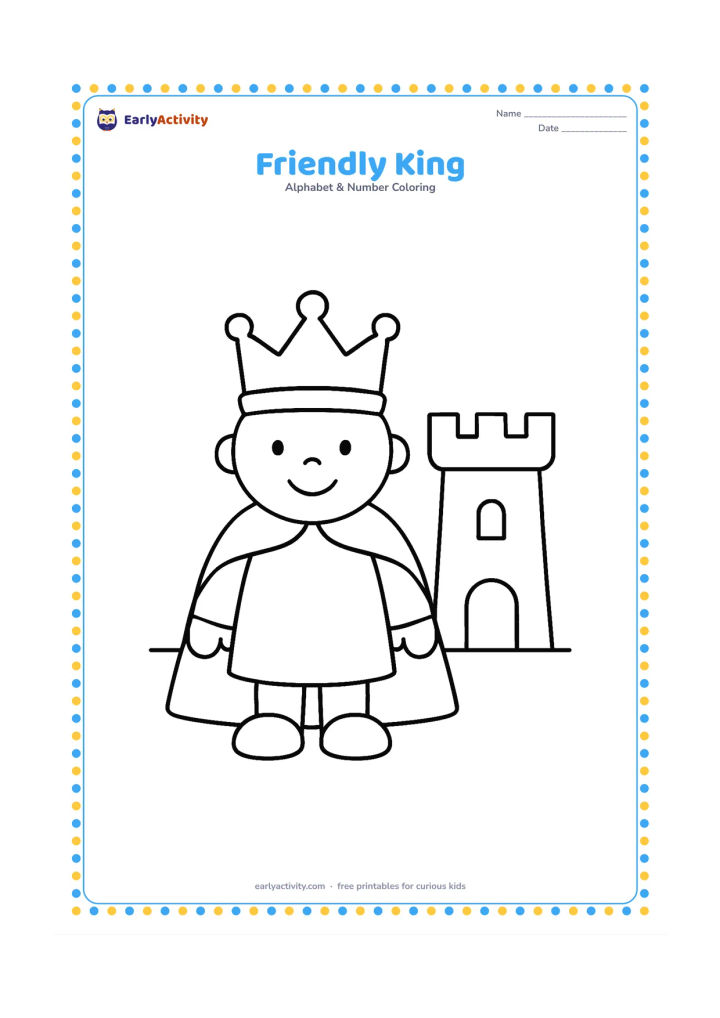 Colouring page: A smiling king stands facing forward, wearing a simple crown, a cape and rounded shoes. Place him on a plain ground line with one small castle tower behind him.