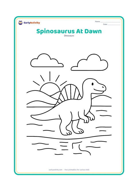 Colouring page: A Spinosaurus stands beside quiet water as the sun rises behind low hills. Show the full dinosaur, its sail, a few wide clouds and simple reflections in the water.
