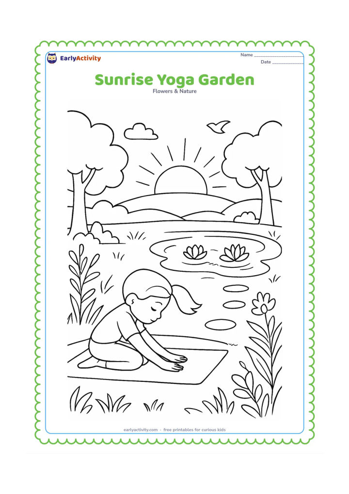 Colouring page: Draw a peaceful sunrise garden with a child doing a simple yoga pose on a mat, the sun above a pond, lotus flowers, trees, birds, stepping stones and long morning shadows. The child…