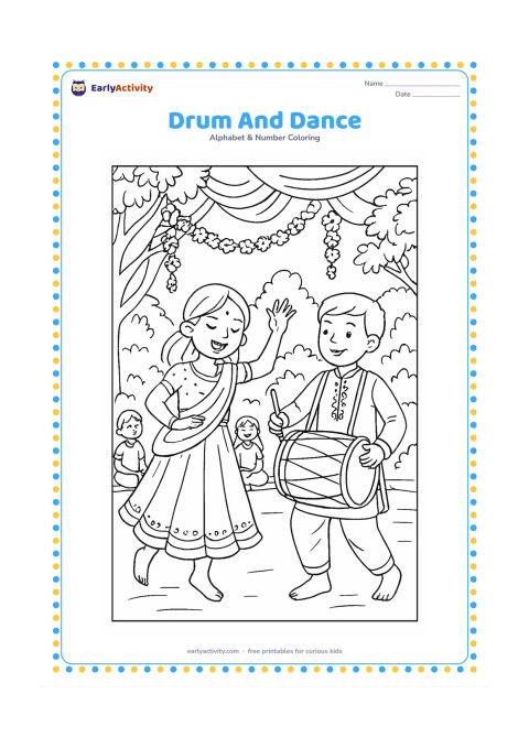 Colouring page: A child dances while another child plays a traditional dhol at an outdoor community celebration. Include hanging fabric, flower garlands, leafy trees, a few seated friends and an open…