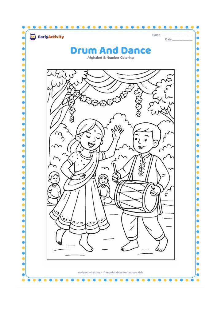 Colouring page: A child dances while another child plays a traditional dhol at an outdoor community celebration. Include hanging fabric, flower garlands, leafy trees, a few seated friends and an open…