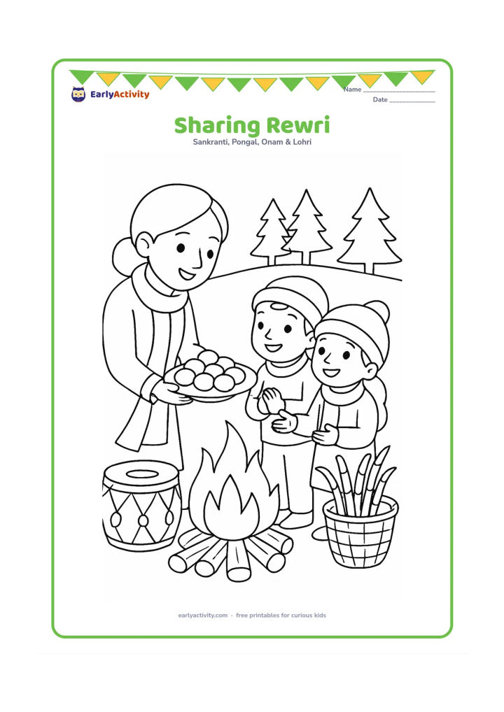 Colouring page: Draw an adult offering a plate of round rewri pieces to two children near a bonfire. Add a decorated dhol, a basket of sugarcane and simple winter trees in the background.
