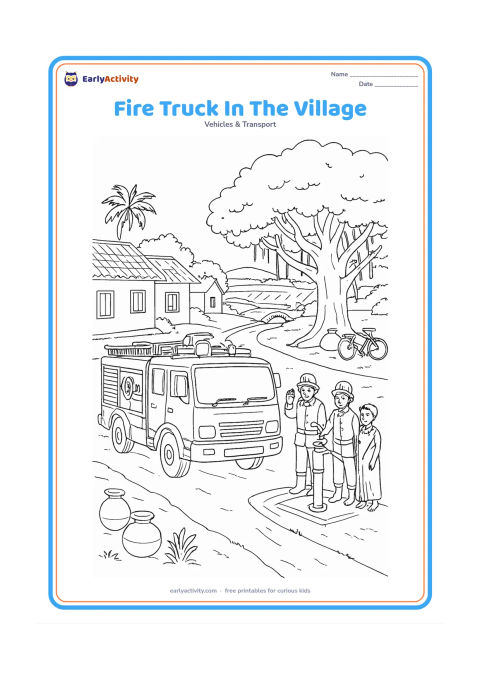 Colouring page: Draw a detailed fire engine travelling through an Indian village lane, with firefighters greeting residents near a hand pump. Include homes, a banyan tree, clay pots, a bicycle, fields…