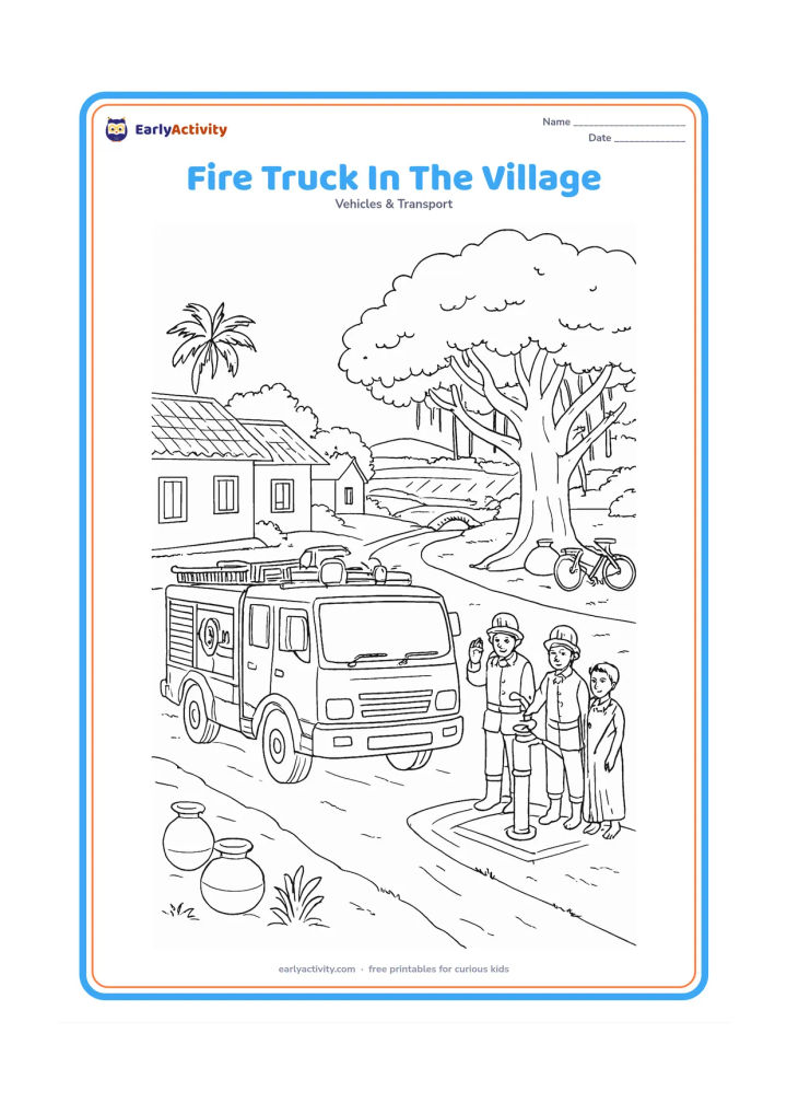 Colouring page: Draw a detailed fire engine travelling through an Indian village lane, with firefighters greeting residents near a hand pump. Include homes, a banyan tree, clay pots, a bicycle, fields…
