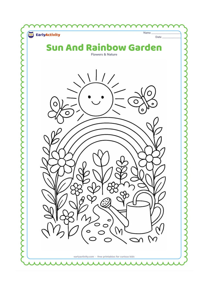 Colouring page: Draw a sun behind a rainbow over a garden filled with flowers, butterflies, leafy plants, a watering can and a small garden path. Use a balanced composition with the sun at the upper centre.