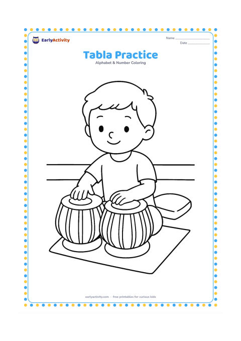 Colouring page: Draw two tabla drums on a low mat, with a child seated behind them gently tapping the drumheads. Add a small cushion and a plain wall in the background.