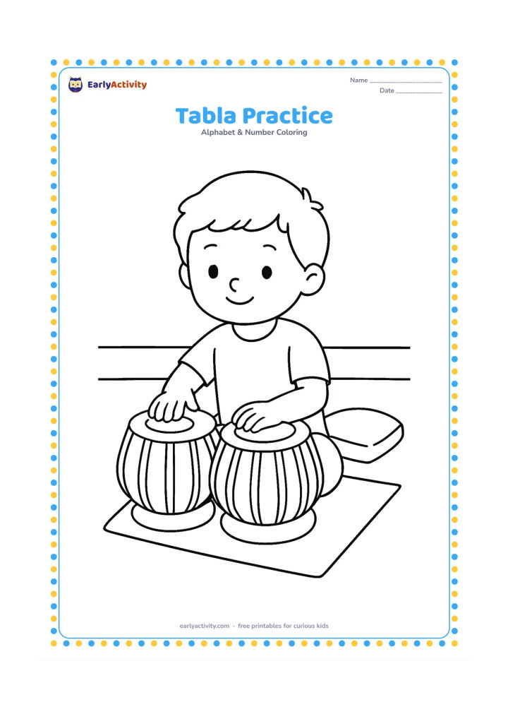Colouring page: Draw two tabla drums on a low mat, with a child seated behind them gently tapping the drumheads. Add a small cushion and a plain wall in the background.