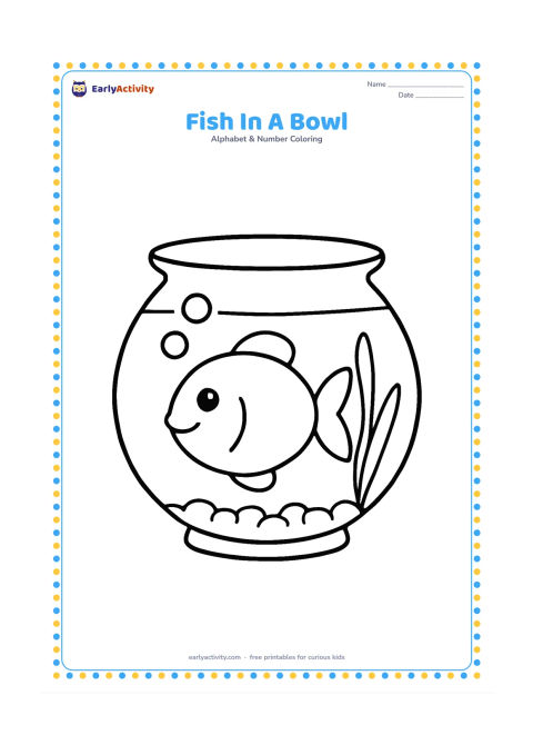 Colouring page: Draw one round fish swimming inside a simple glass bowl, with two bubbles, a little gravel at the bottom and one broad water plant. Do not add any label.