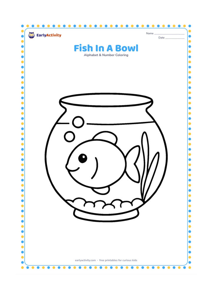 Colouring page: Draw one round fish swimming inside a simple glass bowl, with two bubbles, a little gravel at the bottom and one broad water plant. Do not add any label.