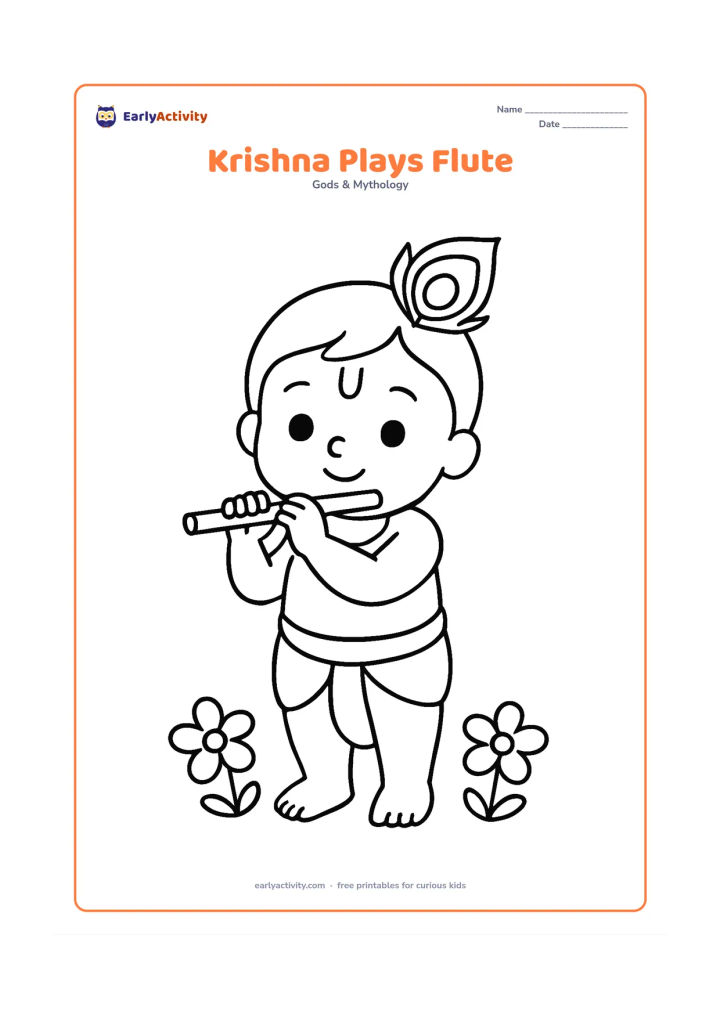 Colouring page: Baby Krishna stands holding a flute near his mouth, with one peacock feather in his crown and two simple flowers at his feet. Leave plenty of clear space around his body.