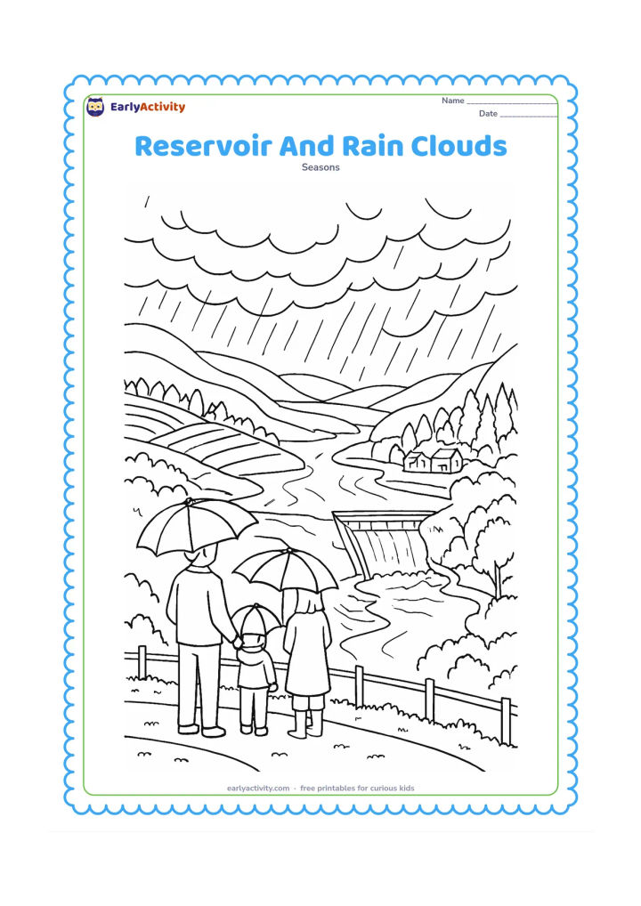Colouring page: A wide landscape shows dark rain clouds releasing water over a reservoir, a river feeding it, terraced hills, forest, a village, and a small dam with flowing water. Place a family with…