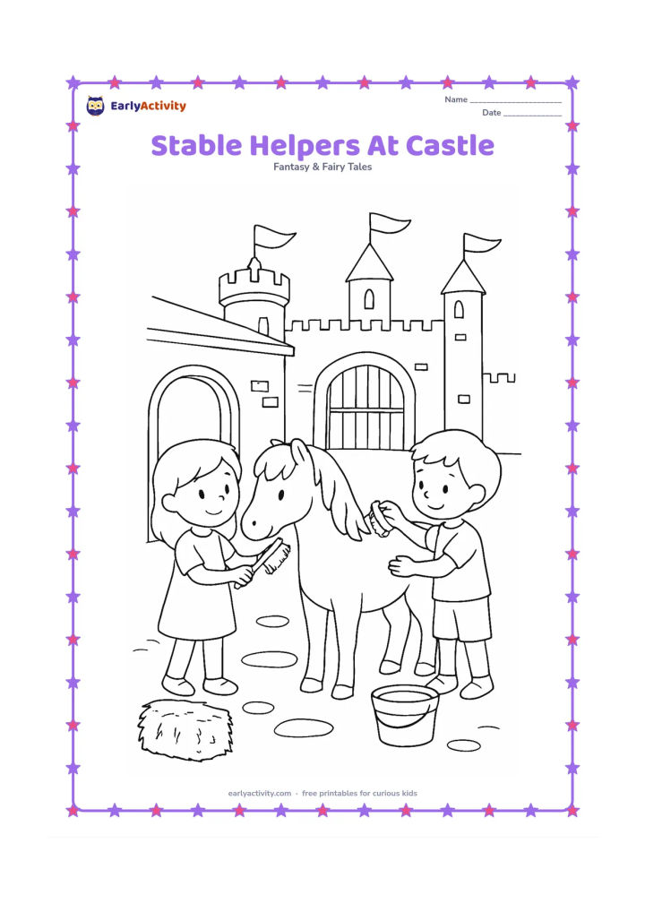 Colouring page: Two children brush a gentle pony outside a castle stable in a peaceful courtyard. Include hay bales, a water bucket, an open stable door, the castle gate, two towers, blank pennants and…