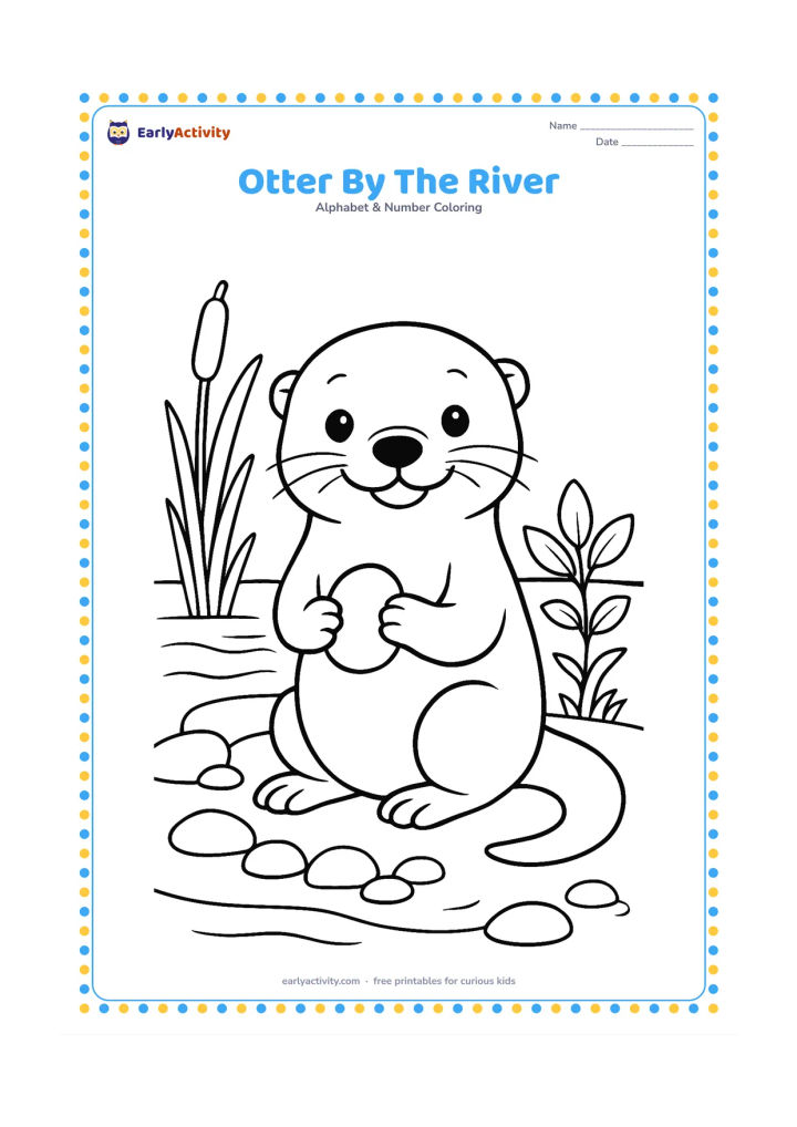 Colouring page: Draw a cheerful otter sitting on a riverbank while holding a smooth stone, with reeds, rounded river stones and a leafy plant around it. Show gentle water behind the otter.