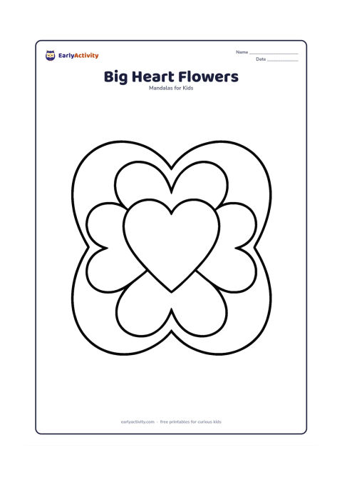 Colouring page: Draw a large circular mandala with one oversized central heart, four broad flower petals around it, and a thick outer heart border. Use only a few wide, evenly spaced sections with…