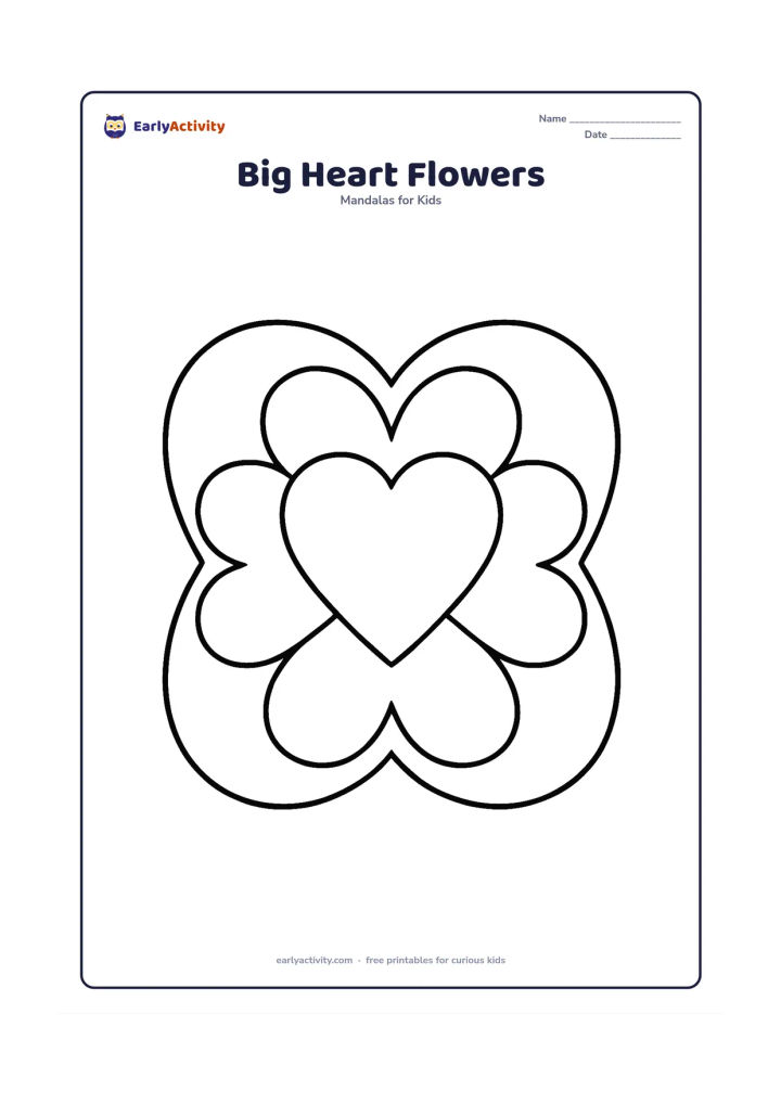 Colouring page: Draw a large circular mandala with one oversized central heart, four broad flower petals around it, and a thick outer heart border. Use only a few wide, evenly spaced sections with…