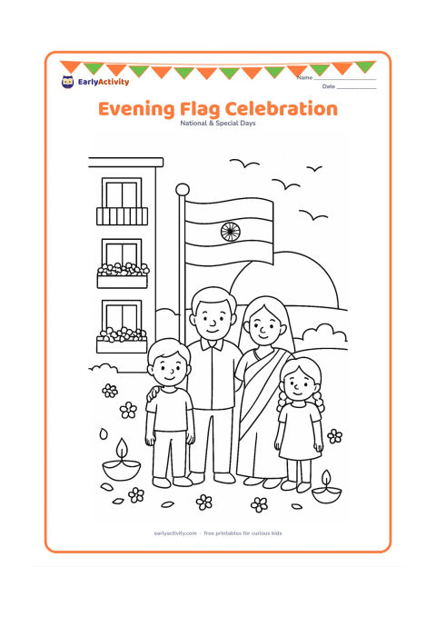 Colouring page: Draw a family standing near an Indian flag display at sunset outside an apartment building, with small lamps, flower decorations, balconies and a few birds in the sky. Keep the flag…