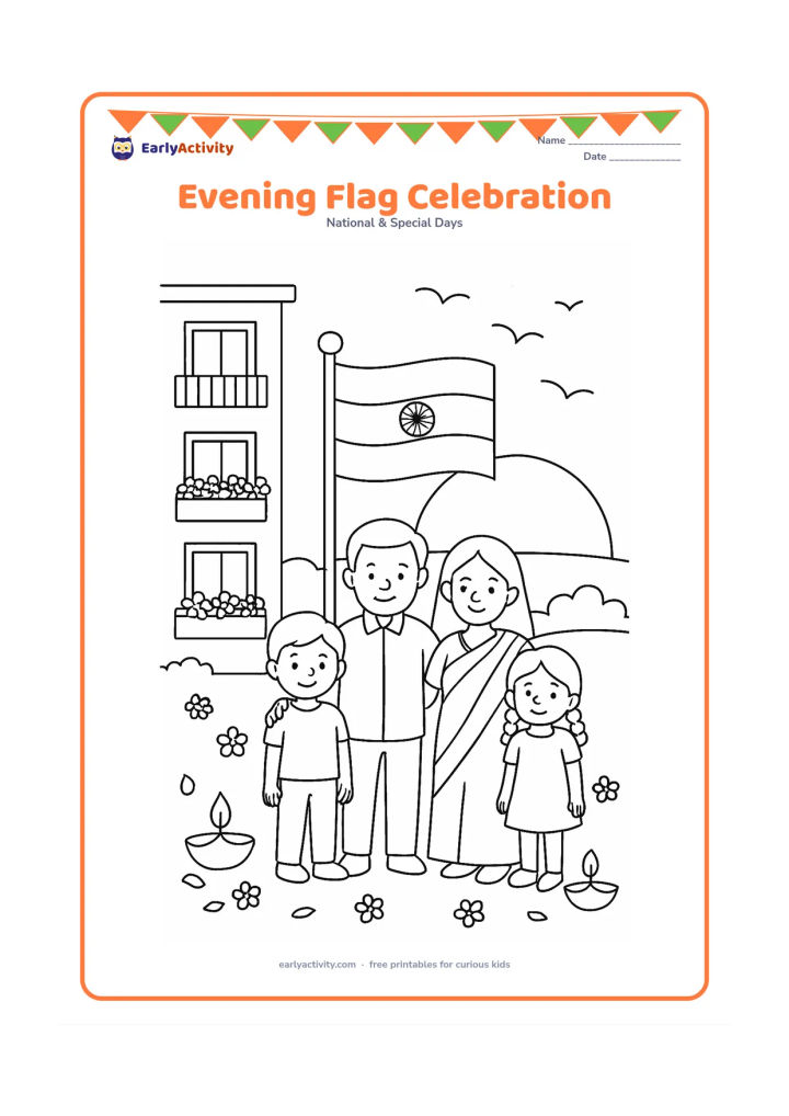 Colouring page: Draw a family standing near an Indian flag display at sunset outside an apartment building, with small lamps, flower decorations, balconies and a few birds in the sky. Keep the flag…