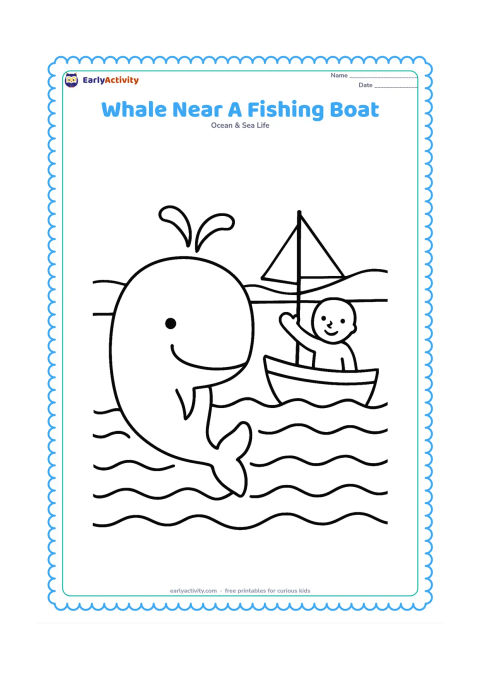 Colouring page: Place a large whale surfacing beside a small simple fishing boat with a person waving from it, plus broad waves and a distant shoreline. Do not include any flags, signs, lettering, or…