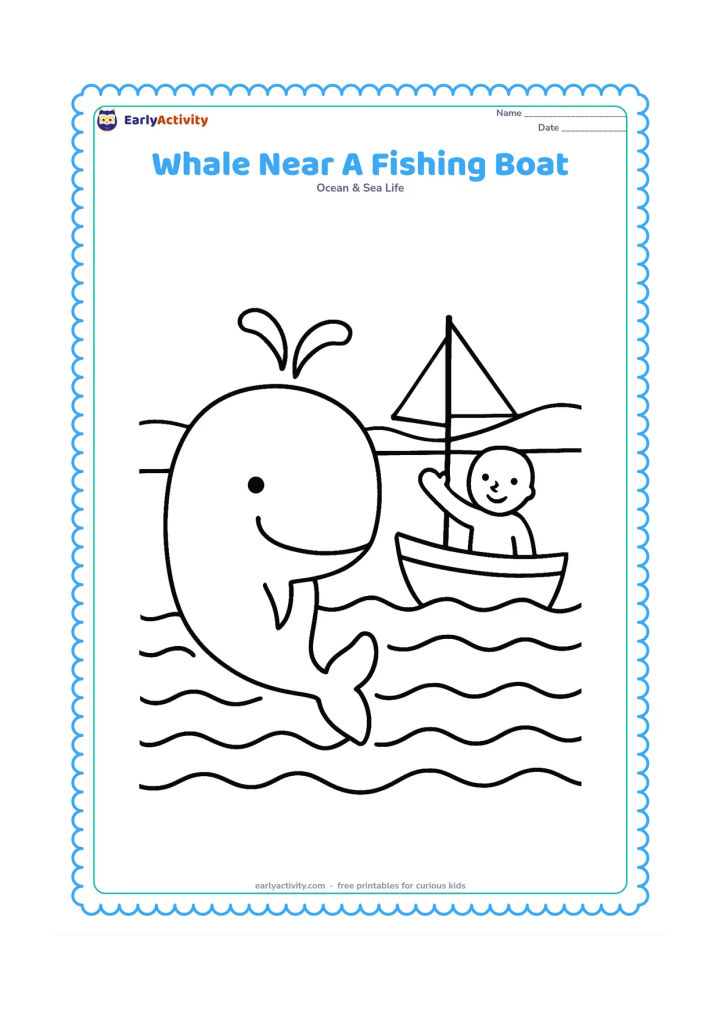Colouring page: Place a large whale surfacing beside a small simple fishing boat with a person waving from it, plus broad waves and a distant shoreline. Do not include any flags, signs, lettering, or…