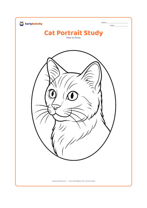 Worksheet: Draw a detailed three-quarter cat portrait with one ear slightly turned, large alert eyes, a nose, mouth, layered cheek fur, long whiskers, and a softly curved neck. Add a simple oval…