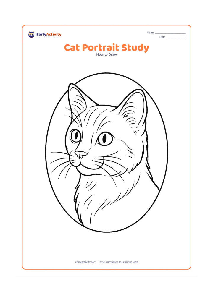 Worksheet: Draw a detailed three-quarter cat portrait with one ear slightly turned, large alert eyes, a nose, mouth, layered cheek fur, long whiskers, and a softly curved neck. Add a simple oval…