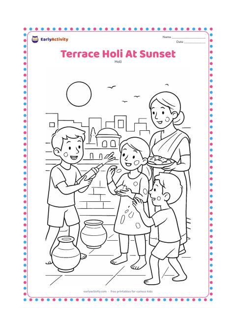 Colouring page: Friends celebrate Holi on a terrace at sunset, with one child using a pichkari, others sharing gulal and an adult serving snacks. Include water pots, parapets, distant buildings, birds…